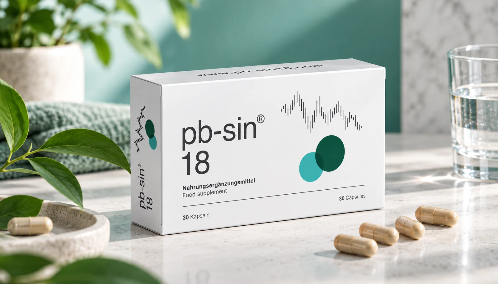 Boîte de Pb-Sin 18 posée sur un plan de travail, avec des capsules et un verre d'eau