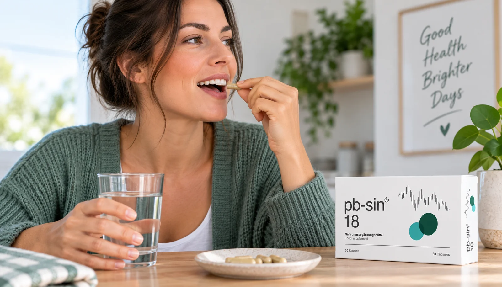 Femme souriante prenant une capsule de Pb-Sin 18 dans une cuisine lumineuse